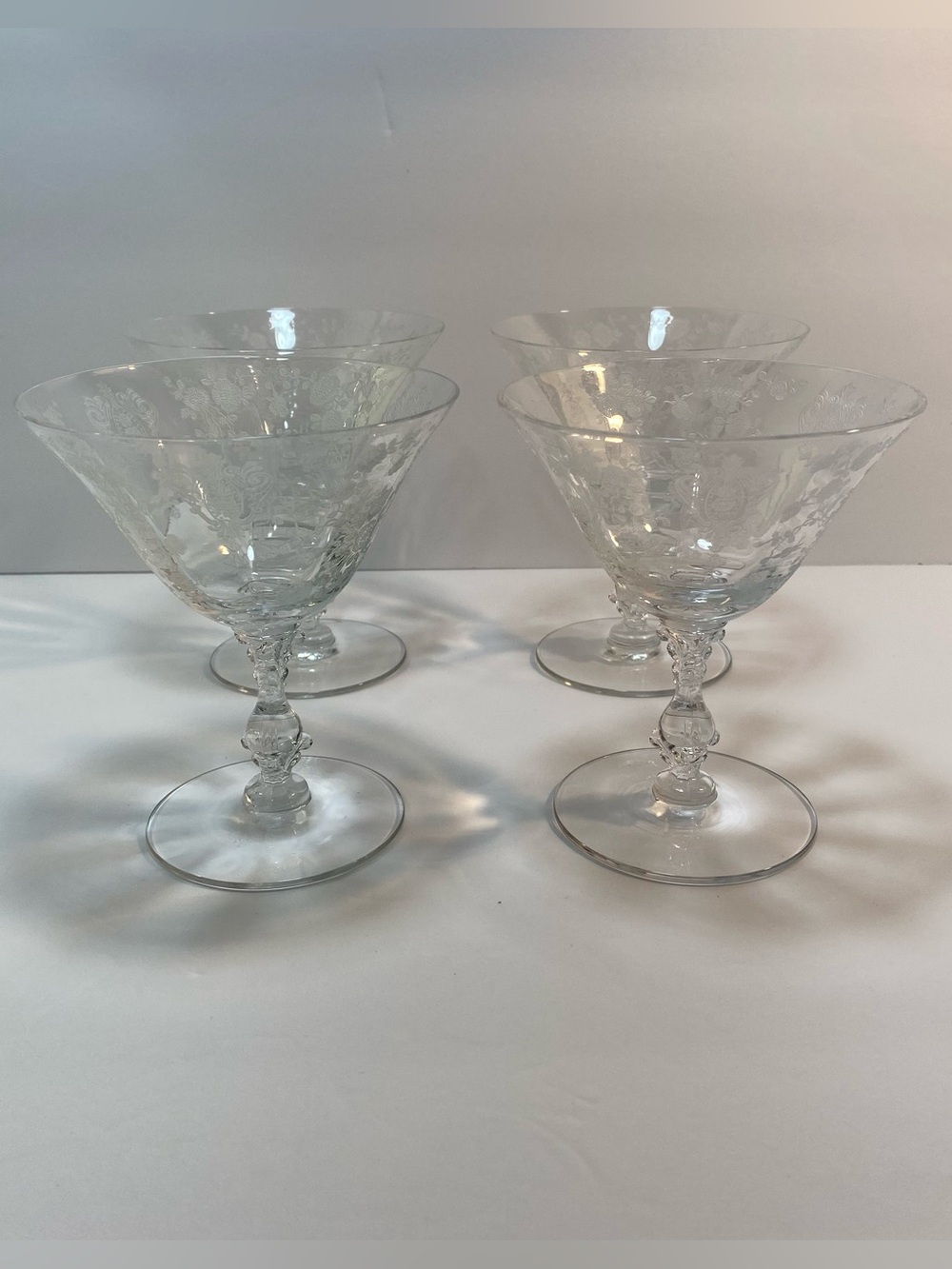 4 Cambridge Rose Point Clear Low Sherbet Etched Crystal Glasses 4 3/4” Stem 3121
